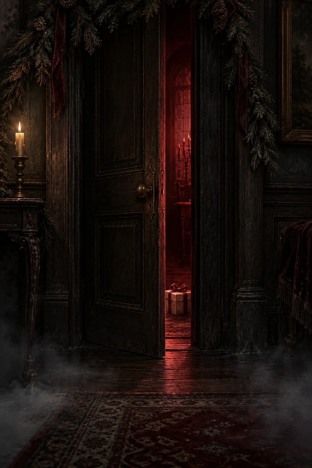 An old Christmas doorway, a red-lit room, and a small gift waiting in the shadows.